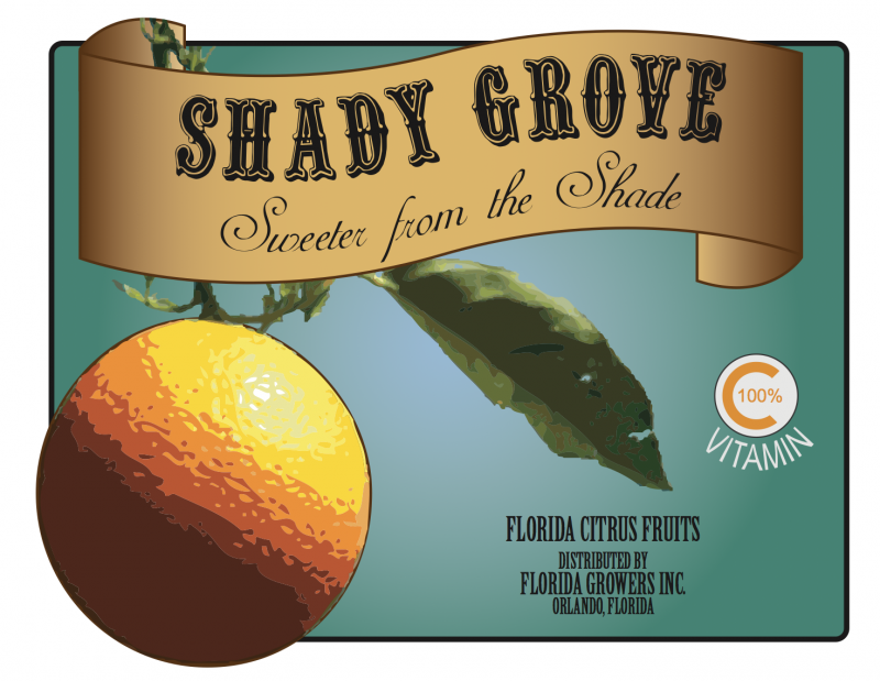 An image of a crate label for Shady Grove Oranges